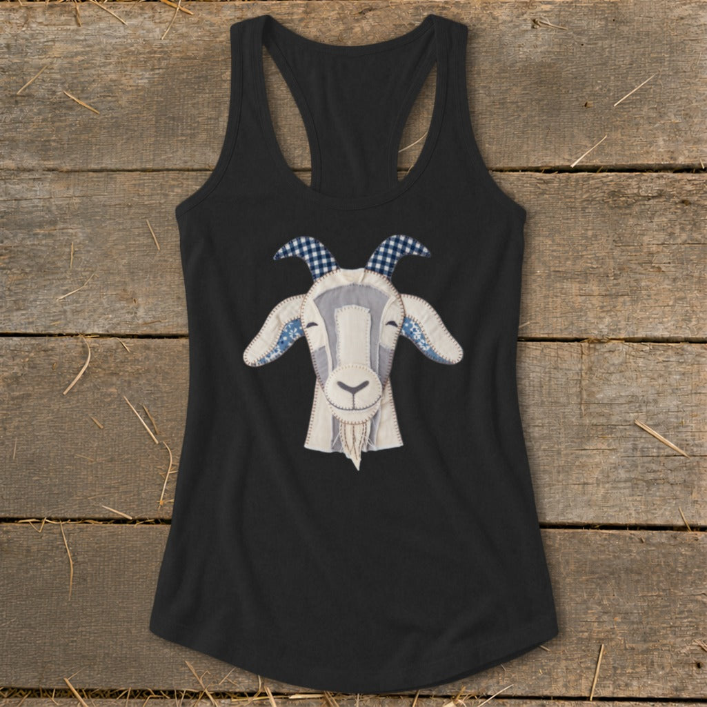 Black tank top with a stitched goat face applique on the front.