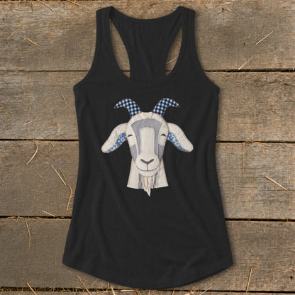 Black tank top with a stitched goat face applique on the front.