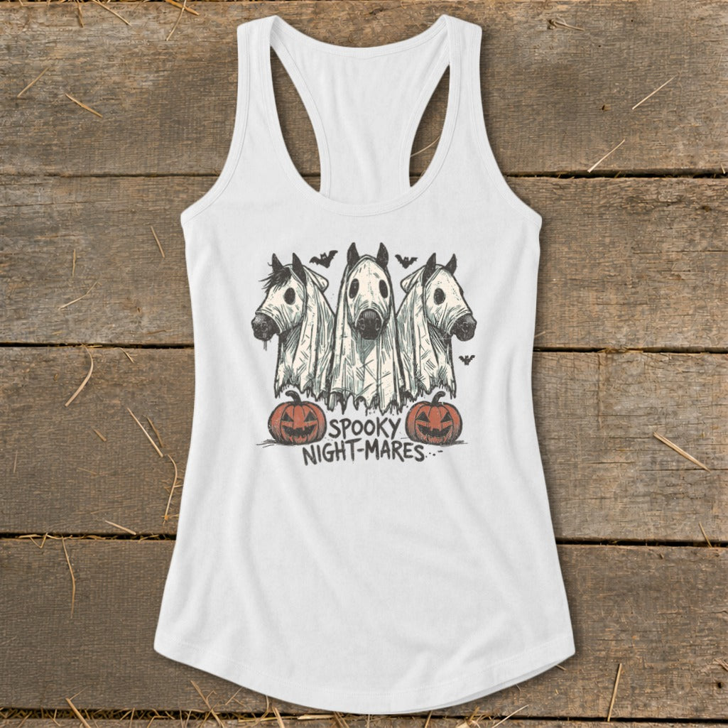 Three horses in ghost costumes with pumpkins and bats, text "SPOOKY NIGHT-MARES..."