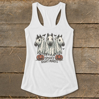 Three horses in ghost costumes with pumpkins and bats, text "SPOOKY NIGHT-MARES..."