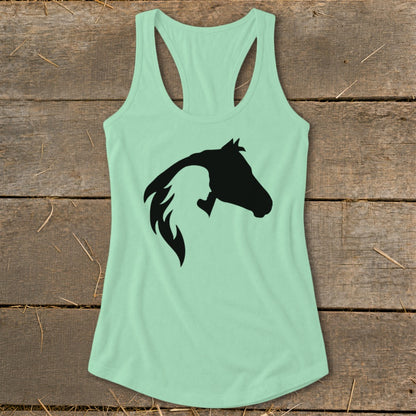 Mint green racerback tank top with black silhouette of horse and person.