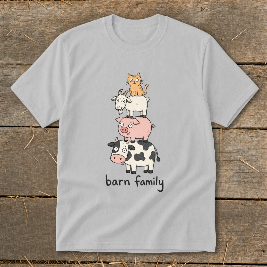 Gray t-shirt with cartoon cow, pig, goat, and cat stacked, reading "barn family".