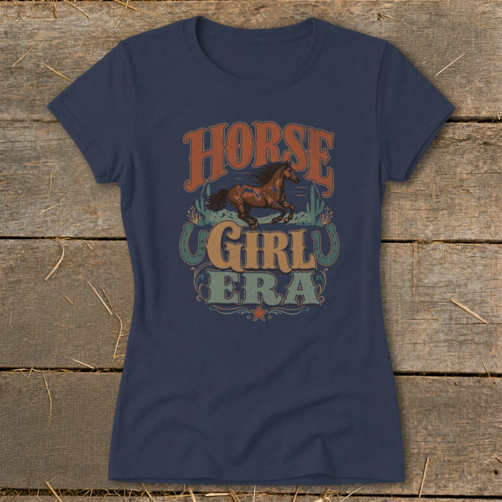Navy t-shirt with "Horse Girl Era" text and running horse graphic.
