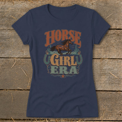 Navy t-shirt with "Horse Girl Era" text and running horse graphic.