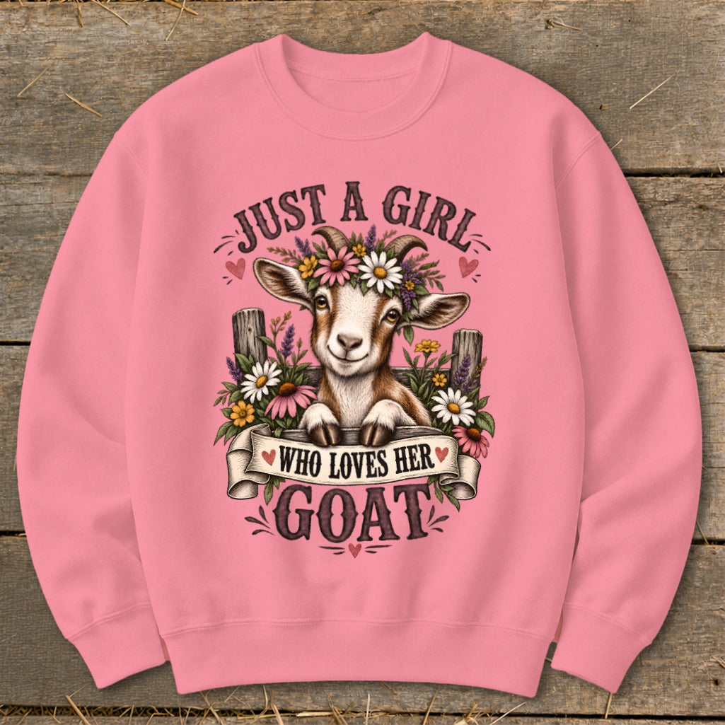 Pink sweatshirt with a goat wearing a flower crown and text "Just a girl who loves her goat".