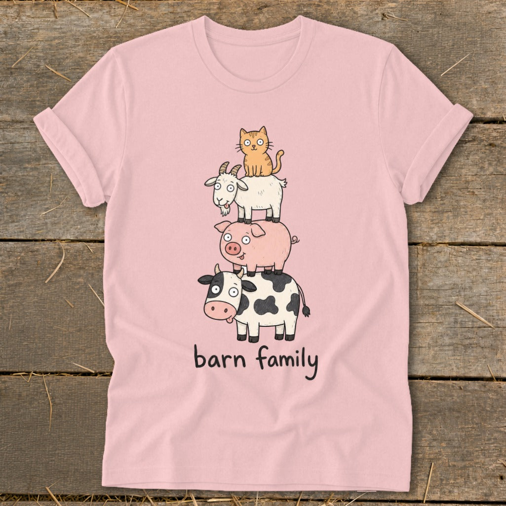 Pink t-shirt with stacked cartoon cow, pig, goat, and cat; "barn family" text.