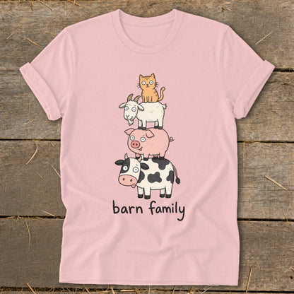 Pink t-shirt with stacked cartoon cow, pig, goat, and cat; "barn family" text.