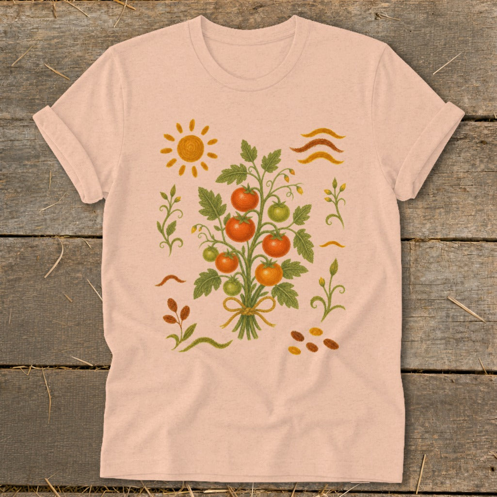 Peach t-shirt with a bouquet of tomatoes, sun, and seeds graphic design.