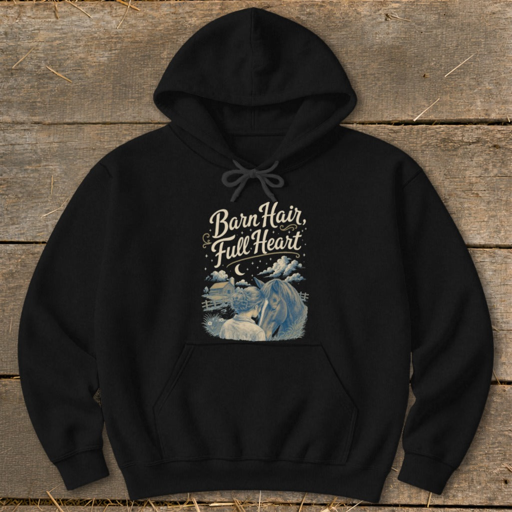 Black hoodie with "Barn Hair, Full Heart" text above a person and horse illustration.