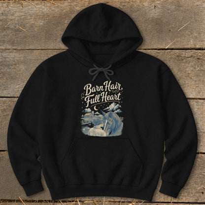 Black hoodie with "Barn Hair, Full Heart" text above a person and horse illustration.