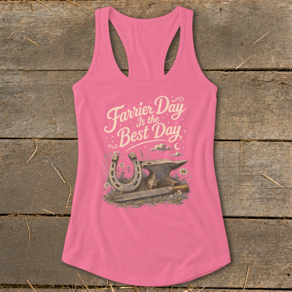 Pink tank top with "Farrier Day Is the Best Day" text and horseshoe graphic.