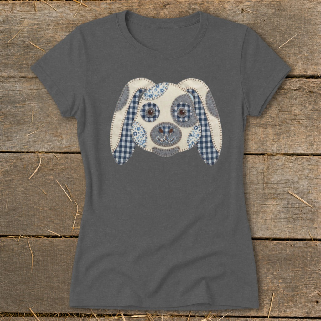 Dark gray t-shirt with a patchwork dog face graphic.