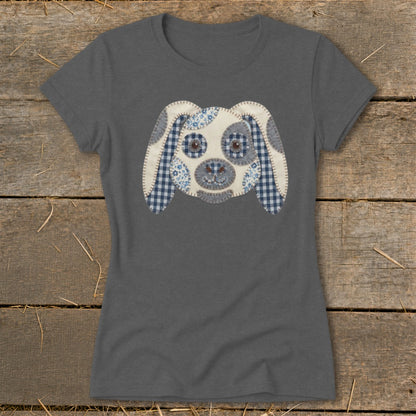 Dark gray t-shirt with a patchwork dog face graphic.