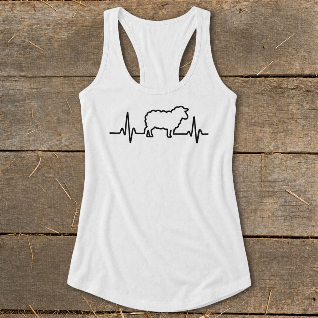 A white women's racerback tank top featuring a black sheep silhouette integrated into a heartbeat line.