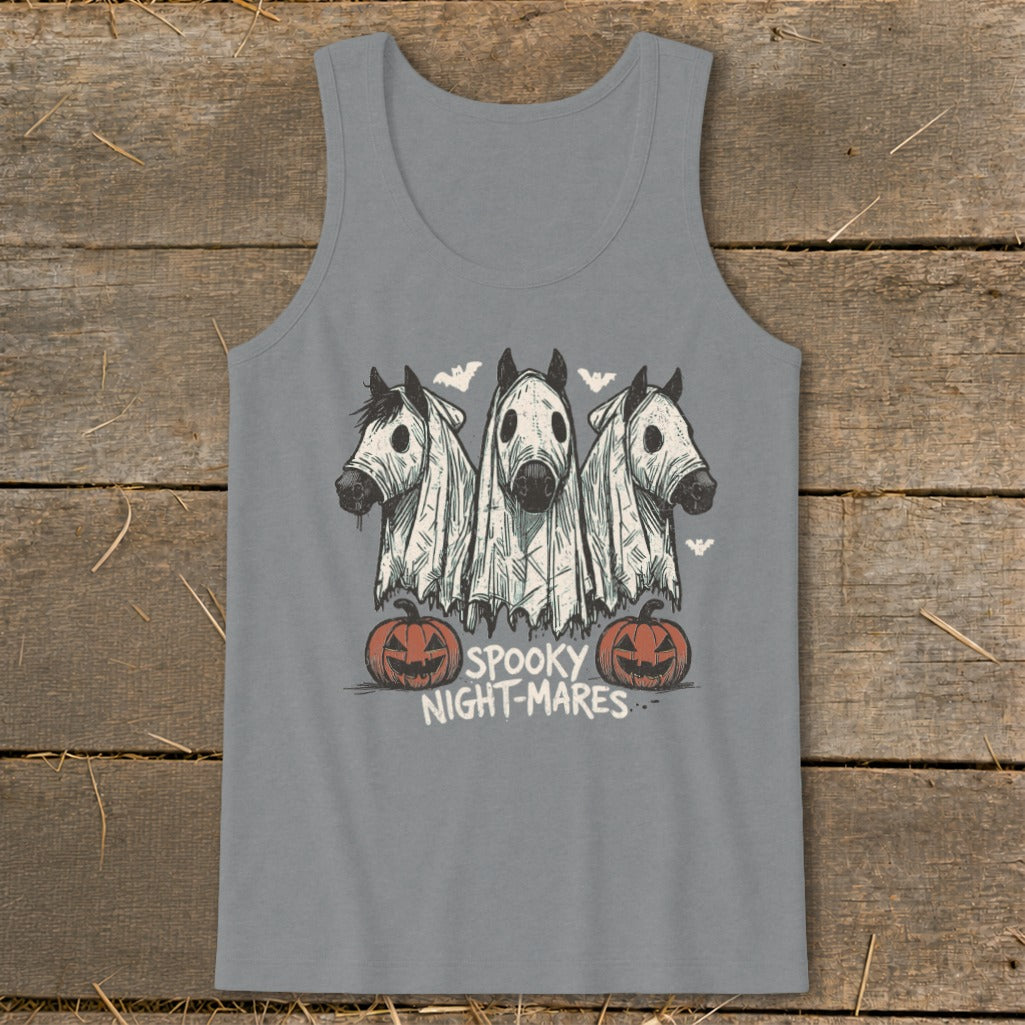 Three horses dressed as ghosts with pumpkins and text "SPOOKY NIGHT-MARES".