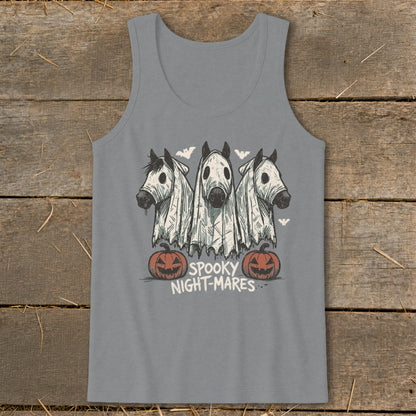 Three horses dressed as ghosts with pumpkins and text "SPOOKY NIGHT-MARES".
