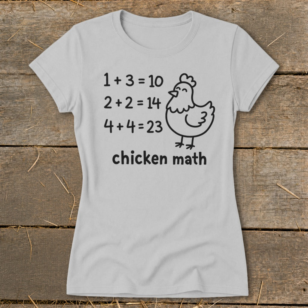 Light grey t-shirt with "chicken math" and cartoon chicken graphics.