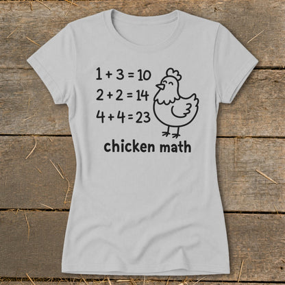 Light grey t-shirt with "chicken math" and cartoon chicken graphics.