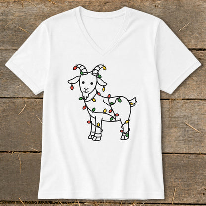 White v-neck t-shirt with a cartoon goat wrapped in colorful Christmas lights.