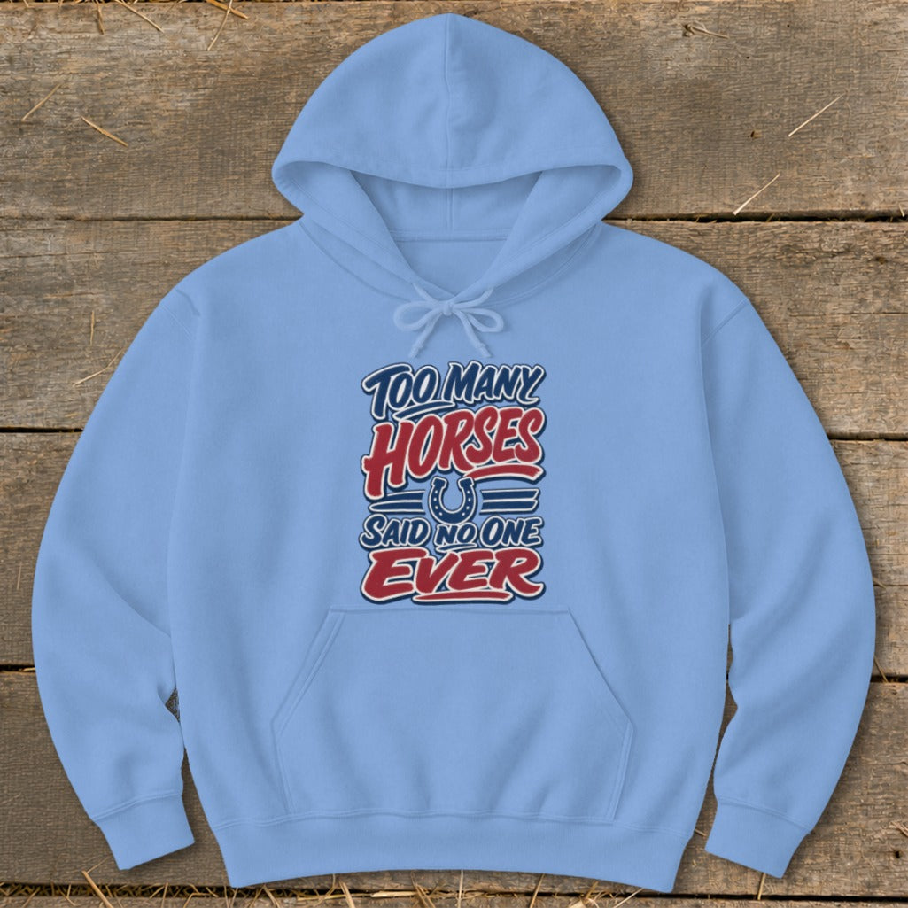 Light blue hoodie with "Too Many Horses Said No One Ever" text and horseshoe graphic.