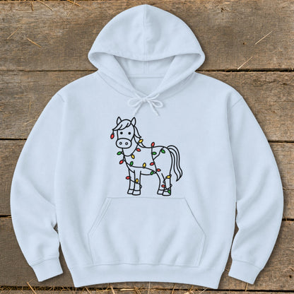 White hoodie with a drawing of a horse wrapped in colorful Christmas lights.