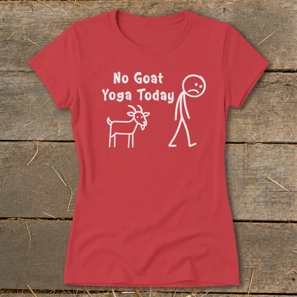 Red t-shirt with "No Goat Yoga Today" text and stick figures.