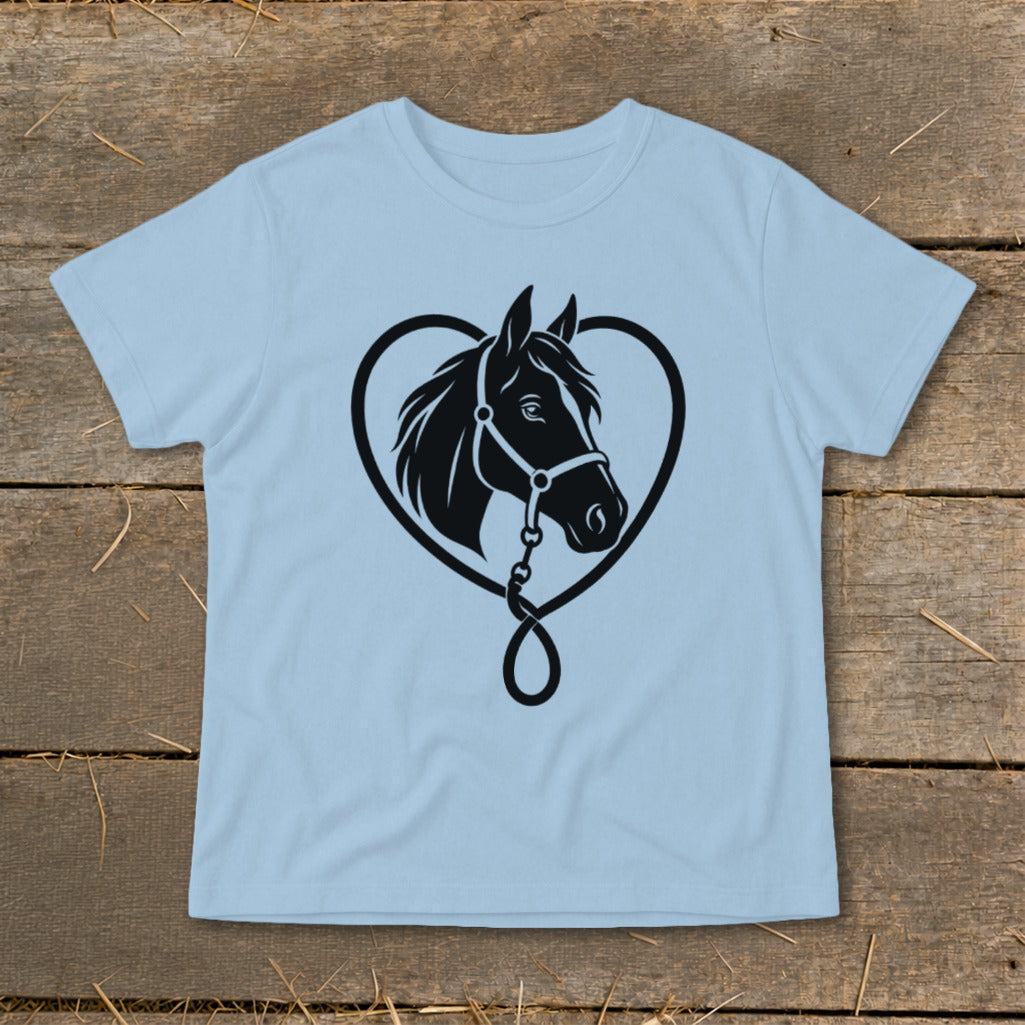 Light blue t-shirt featuring a black graphic of a horse's head inside a heart shape.