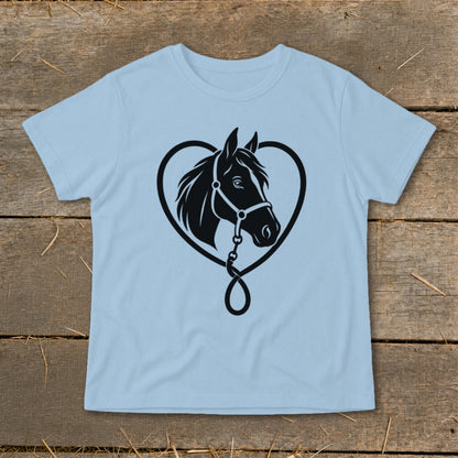 Light blue t-shirt featuring a black graphic of a horse's head inside a heart shape.