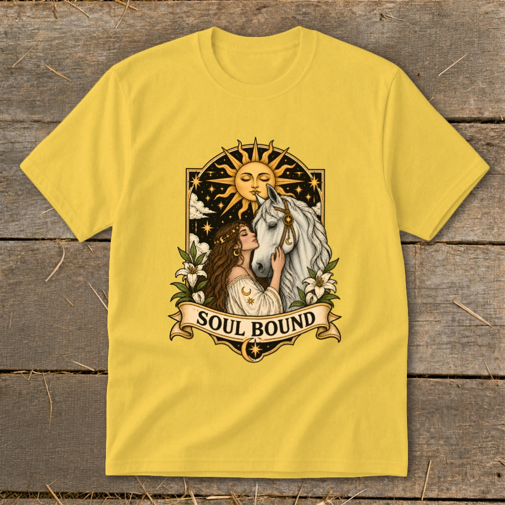 Woman with horse and sun, text reads "SOUL BOUND".
