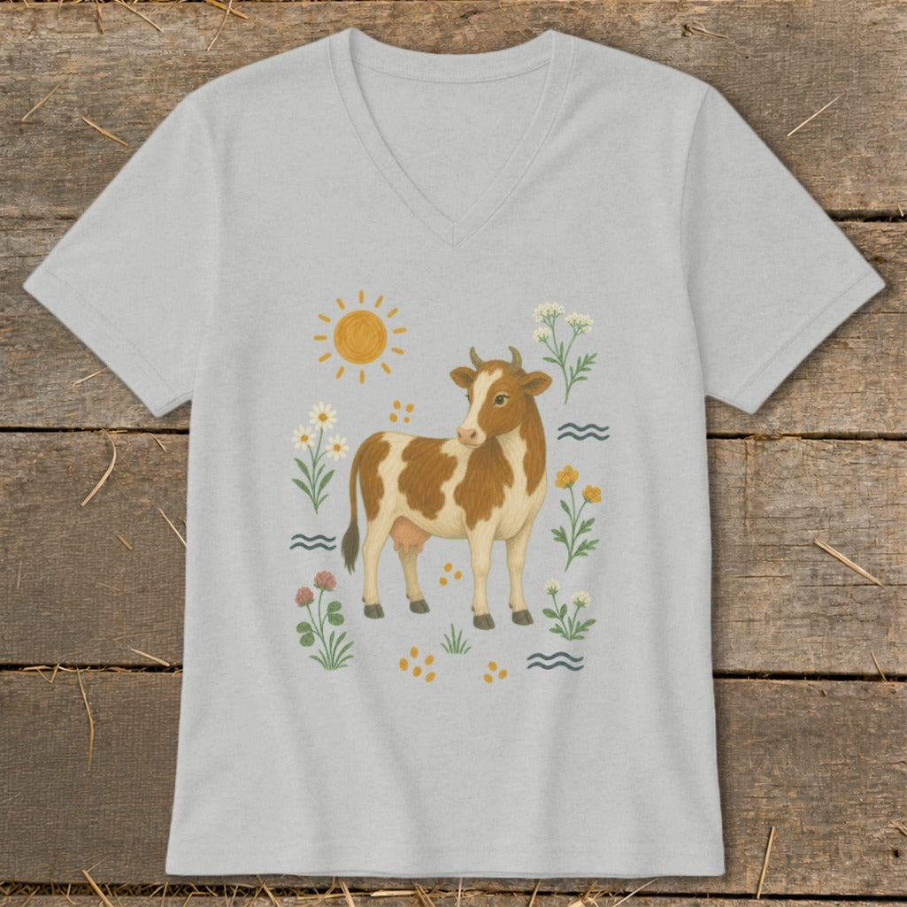 Gray v-neck t-shirt with a brown and white cow, sun, and wildflowers graphic.