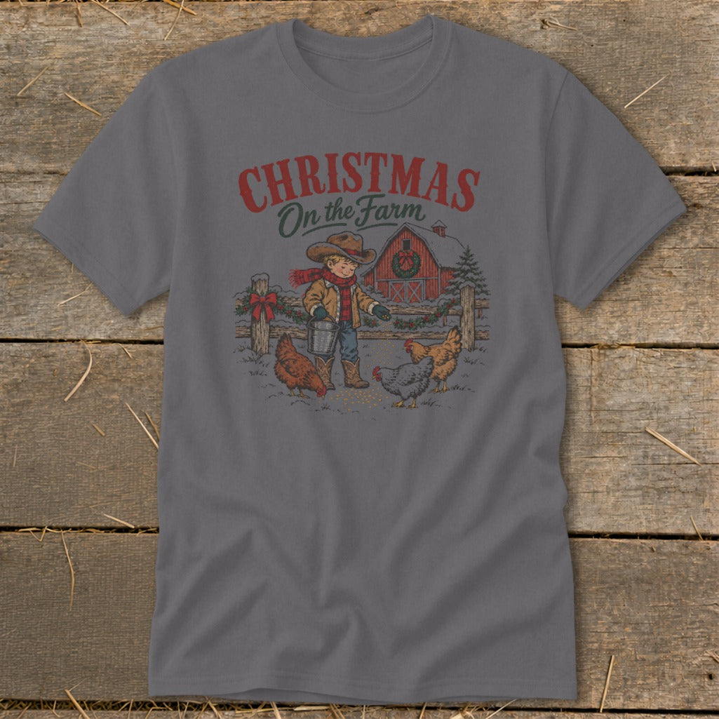 Christmas on the Farm graphic with boy, chickens, and barn.