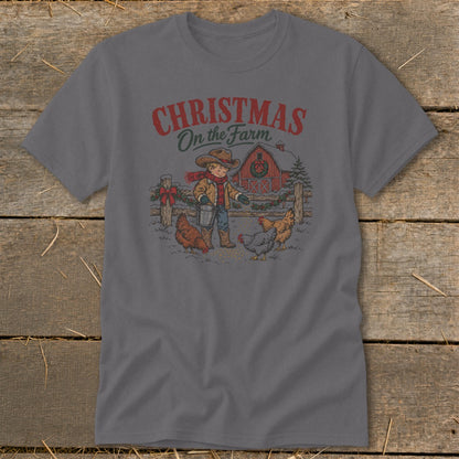 Christmas on the Farm graphic with boy, chickens, and barn.