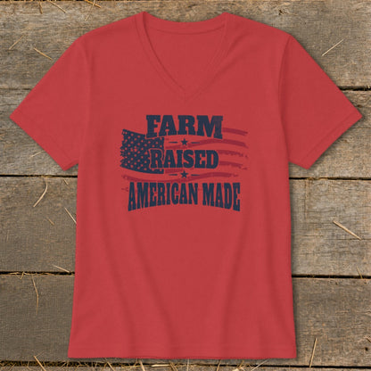 Red v-neck t-shirt with "FARM RAISED AMERICAN MADE" and flag graphic.