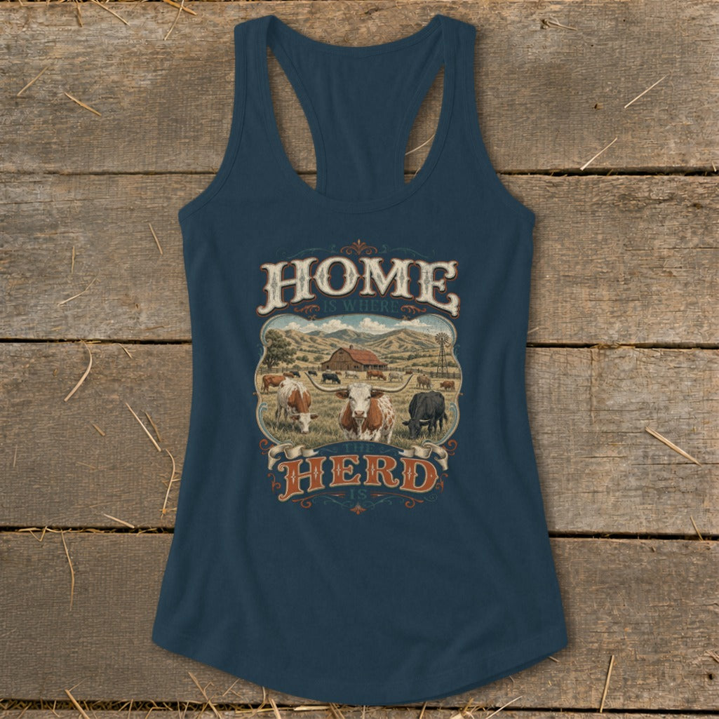 Tank top with "Home Is Where The Herd Is" text and cow farm illustration.