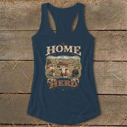 Tank top with "Home Is Where The Herd Is" text and cow farm illustration.