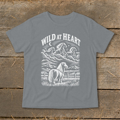 Grey t-shirt with a white linework graphic of horses and mountains and text "WILD AT HEART".