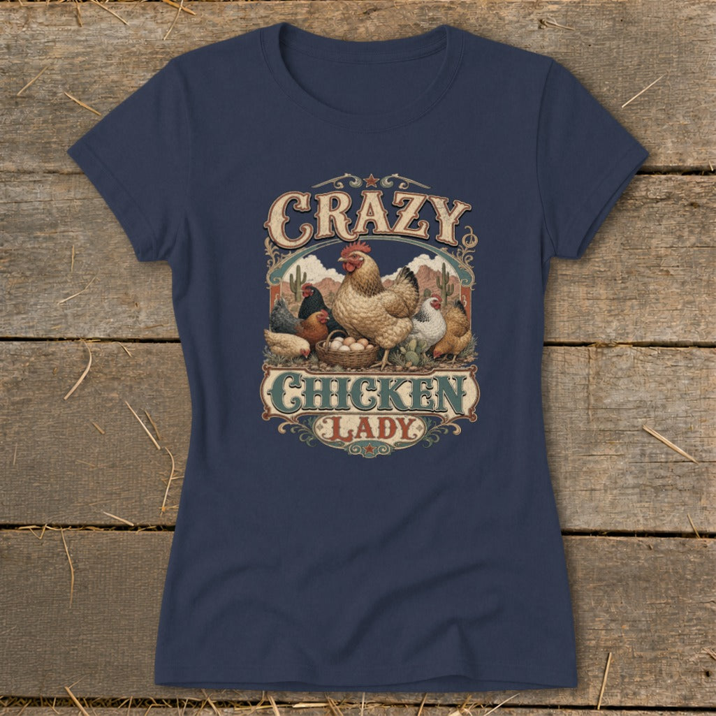 T-shirt graphic with chickens and text "Crazy Chicken Lady"