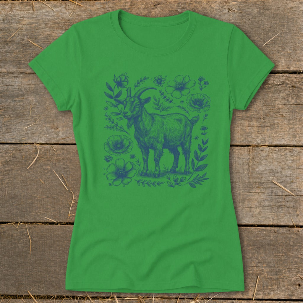 Green t-shirt with a blue sketch of a goat surrounded by flowers and leaves.