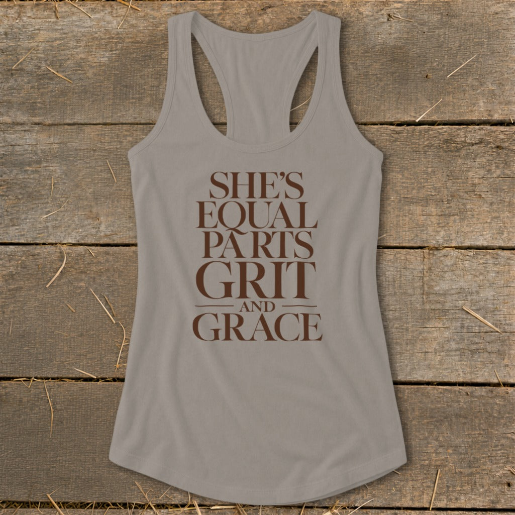 Taupe tank top with "She's Equal Parts Grit and Grace" text in brown.