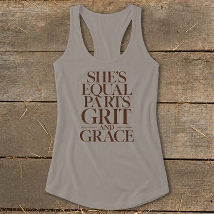 Taupe tank top with "She's Equal Parts Grit and Grace" text in brown.