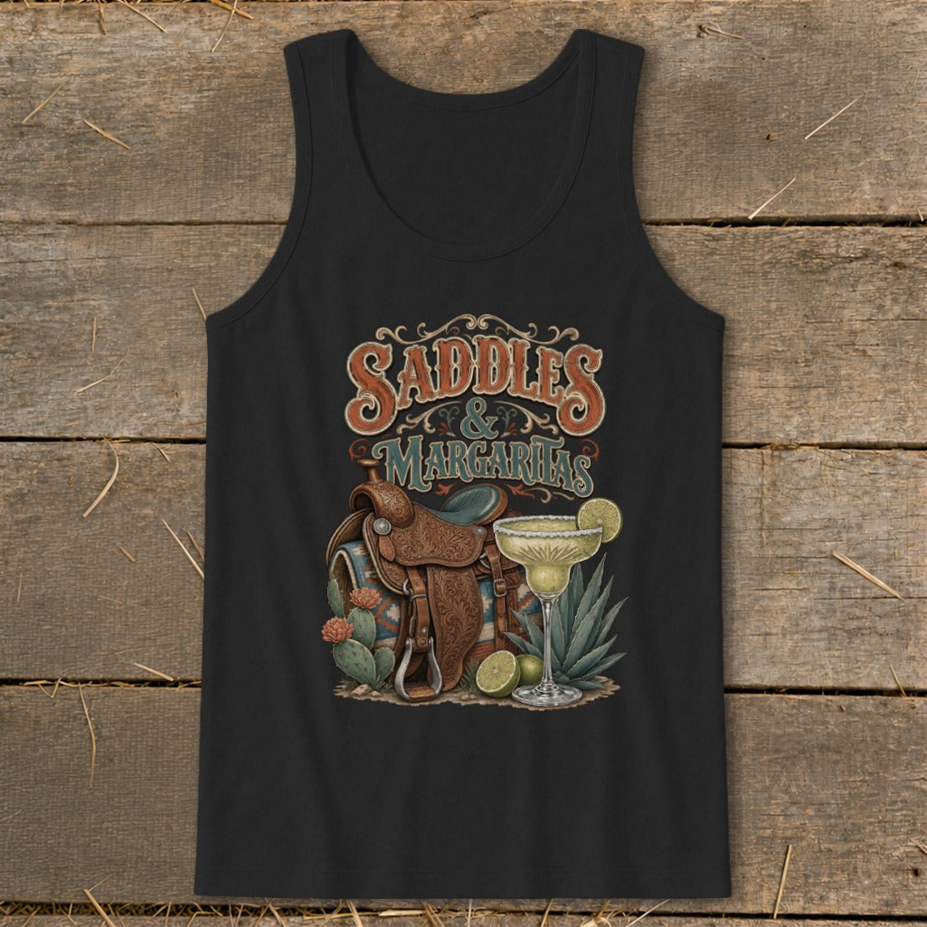 Black tank top with "Saddles & Margaritas" text, saddle, cactus, and margarita.