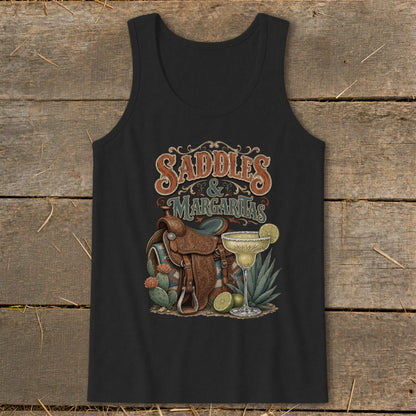 Black tank top with "Saddles & Margaritas" text, saddle, cactus, and margarita.