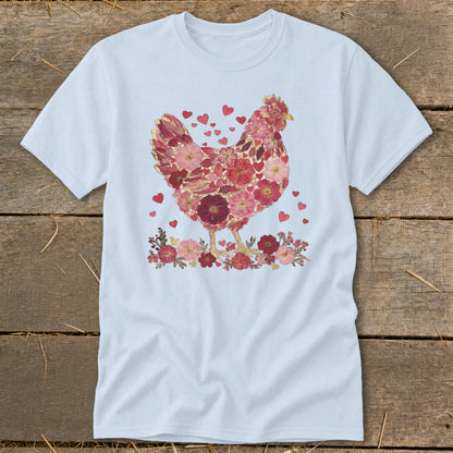 Light blue t-shirt with a chicken design made of flowers and hearts.
