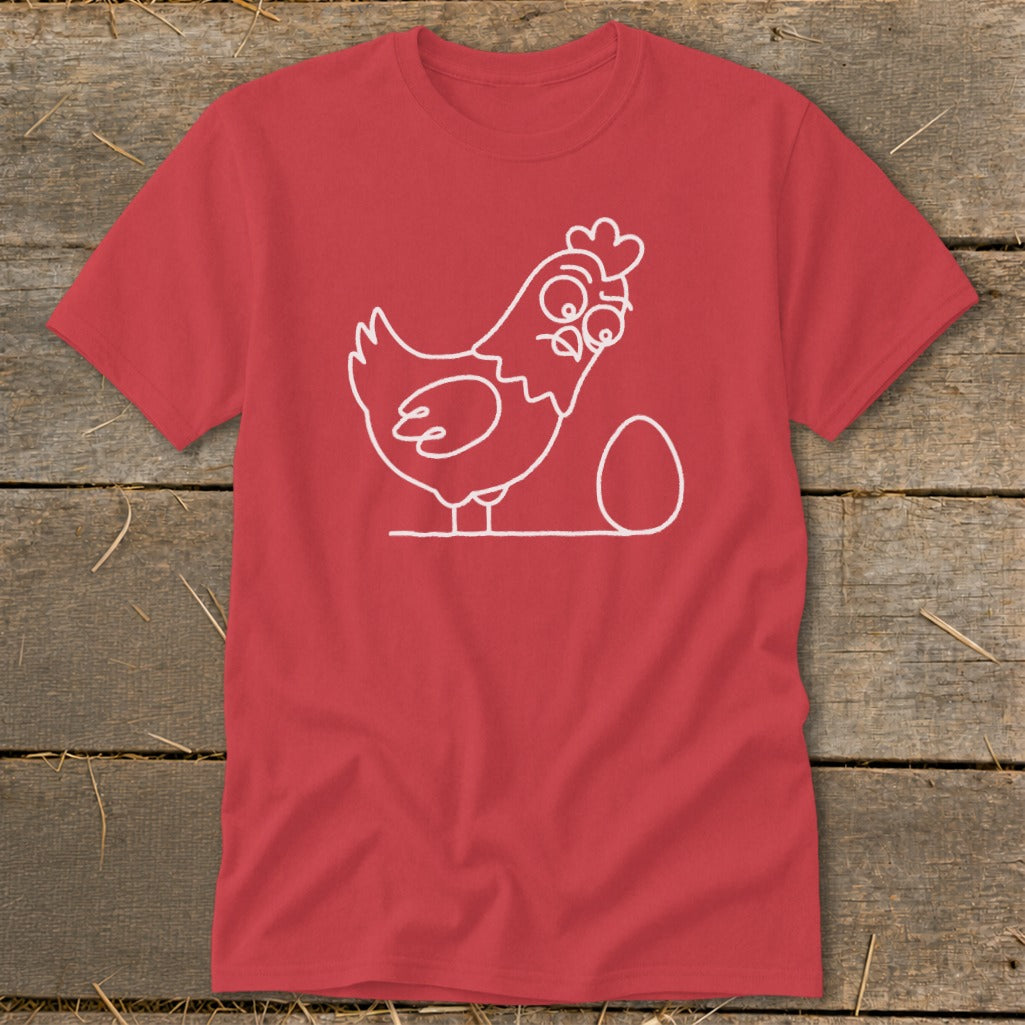 Red t-shirt with a white line drawing of a surprised chicken next to an egg.