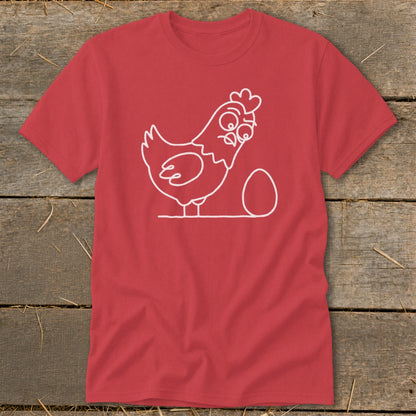 Red t-shirt with a white line drawing of a surprised chicken next to an egg.