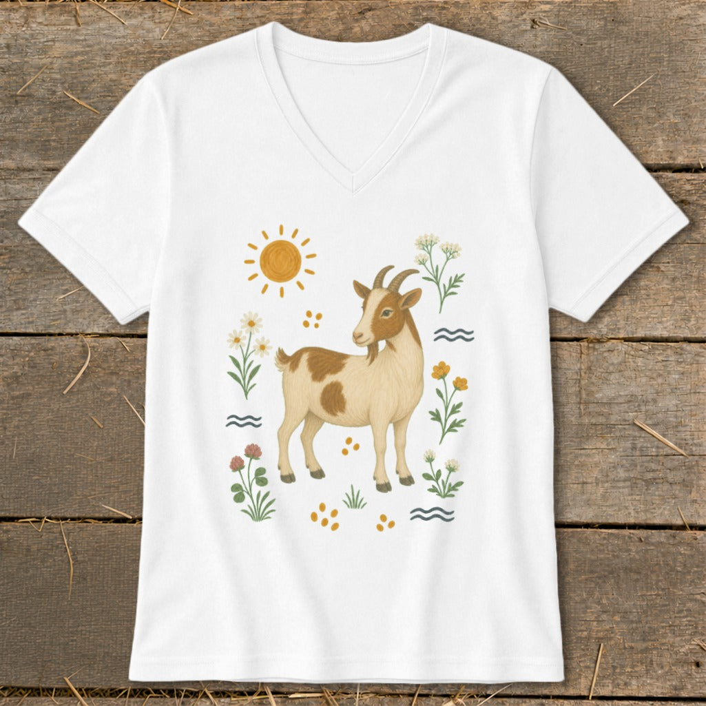 White v-neck t-shirt with a brown and white goat illustration surrounded by flowers and sun.