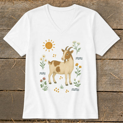 White v-neck t-shirt with a brown and white goat illustration surrounded by flowers and sun.