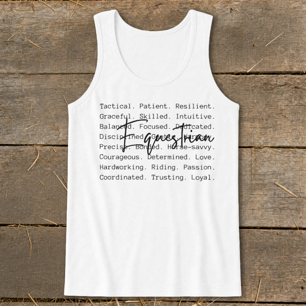 White tank top with list of descriptive words including "Tactical. Patient. Resilient."