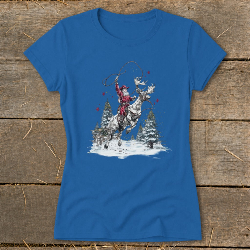 Santa lassoing while riding a reindeer in a snowy landscape with Christmas trees.