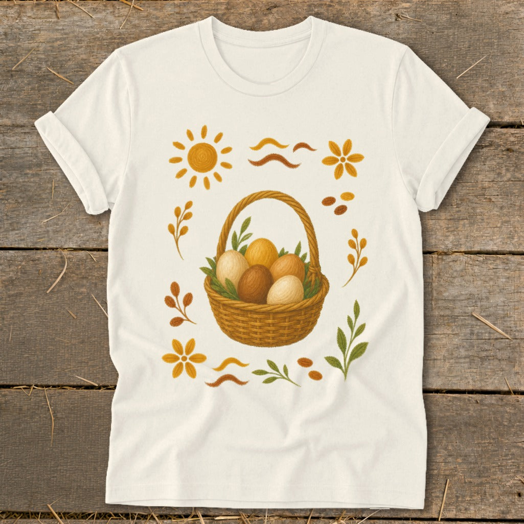 Cream t-shirt with an Easter basket design featuring eggs, sun, flowers, and leaves.